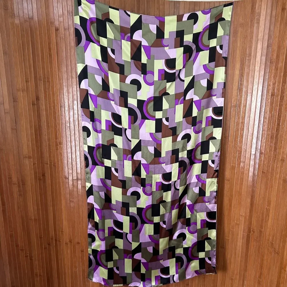 Vintage Geometric Silk Scarf Purple Olive and Brown